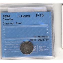 1894 5 Cents CCCS F-15; Cleaned 5 Cents Bent.