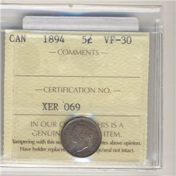 1894 5 Cents ICCS VF-30.