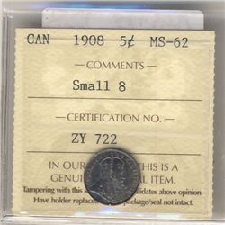 1908 5 Cents ICCS MS-62; Small 8.