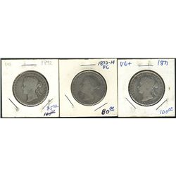 1871 50 Cents, 1872H & 1892; 3 coins Good to aVG.