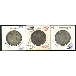 1871 50 Cents,1872H & 1898; 3 coins Good to VG.
