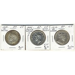 1910 50 Cents EL, 1946 Partial Des & 1950 Des. Lot of 3 coins all VF. .