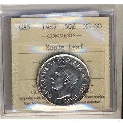 1947 50 Cents, ICCS MS-60; Maple Leaf.