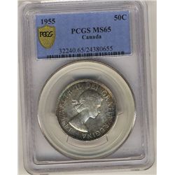1955 50 Cents PCGS MS65. Rainbow colours.
