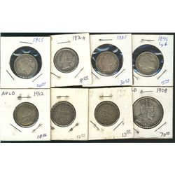 Newfoundland 1865 20 Cents, 1876H, 1885, 1896, 1912, 1917(2), 50 Cents 1908;  8 coins VG to VF.