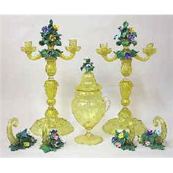 A glass set, 7 pieces Murano, h of candelabra, 49 cm; damage 2.000-3.000...