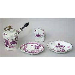 4 porcelain pieces Meissen, 18th century, lidded chocolate pot from dot period (1763-1773) with wood