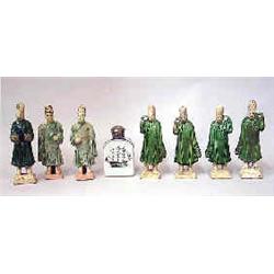 Guards, 4 pieces green glazed, Ming dynasty, l6 th century, h circa 20 cm 4.000-6.000...