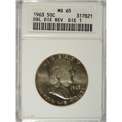1963 FRANKLIN HALF DOLLAR ANACS MS65 RARE DOUBLE DIE REV!