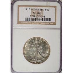 1917-D WALKING LIBERTY HALF DOLLAR OBSERVE NGC AU58 RARE