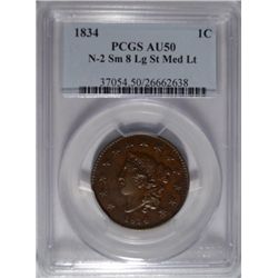 1834 large penny N-2 small 8 large stars medium letters  PCGS50