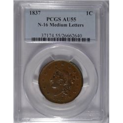 1837 large penny N-16 medium letters  PCGS55