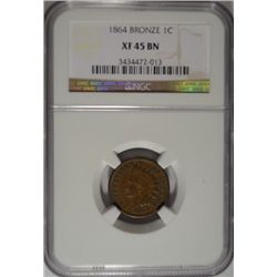 1864 bronze  Indian penny  NGC45BN