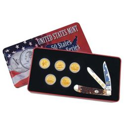 2001 GOLD PLATED STATE QUARTERS AND TRAPPER KNIFE COLLECTORS SET IN TIN