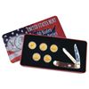 Image 1 : 2001 GOLD PLATED STATE QUARTERS AND TRAPPER KNIFE COLLECTORS SET IN TIN