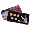 Image 1 : 2002 GOLD PLATED STATE QUARTERS AND TRAPPER KNIFE COLLECTORS SET IN TIN
