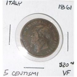 1861 ITALY 5 CENTISMI WORLD BOOK VALUE IS $20.00+ *VERY RARE VERY FINE NICE EARLY ITALIAN COIN*!!