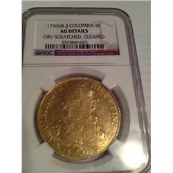 1776 GOLD SPANISH COLUMBIA 8 ESCUDO LARGE COIN NGC AU DETAILS