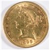Image 1 : 1899  $5 Gold   SCARCE OLD GOLD COIN  AU   est  $470-$485