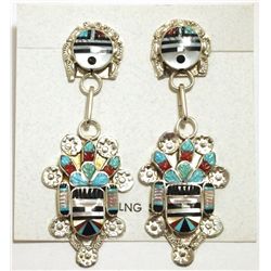 Zuni Multi-Stone Inlay Sun Face & Kachina Sterling Silver Post Earrings - Eldred Martinez