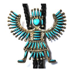 Zuni Turquoise Sterling Silver Knifewing Kachina Bolo Tie - Hugh & Agnes Bowekaty