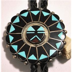 Zuni Black Jet & Turquoise Sunface Sterling Silver Bolo Tie - Ben & Shirley Tzuni