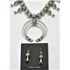 Image 2 : Navajo Green Turquoise Squash Blossom Necklace & Earrings Set - L.F.K.