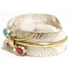 Image 3 : Navajo Turquoise & Coral 12k Gold Fill over Sterling Silver Feather Cuff Bracelet - Virgil Reader