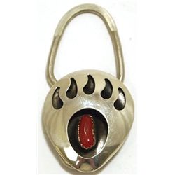 Navajo Coral Sterling Silver Bear Paw Keyring - Virginia Johnson