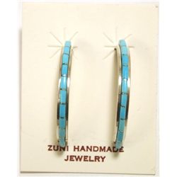 Zuni Turquoise Inlay Sterling Silver Half-Ring Post Earrings - Susan Kalestewa