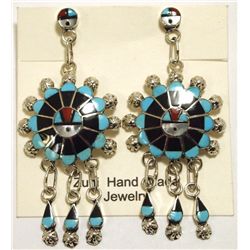 Zuni Multi-Stone Inlay Sun Face Sterling Silver Post Earrings - Abel Soseeah