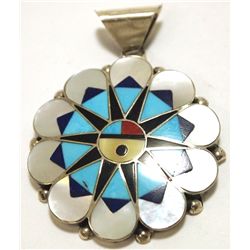 Zuni Multi-Stone Inlay Sun Face Sterling Silver Pendant - Delwin Gasper