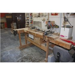 WOODEN WORK BENCH, TOOLS, AND 3 BENCH VICE
