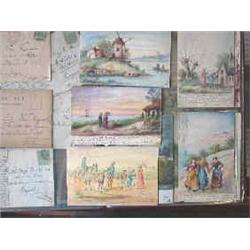 Recueil de 20 cartes postales peintes, 3 tableautins et 2 dessins sur papier. c. 1905. Dans une fard
