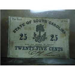 1863 SOUTH CAROLINA 25 CENT OBSOLETE CURRENCY