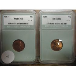 1953 & 58 LINCOLN CENTS BOTH NTC MS66 RD