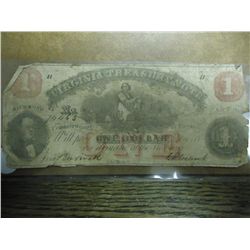 1862 ONE DOLLAR VIRGINIA TREASURY NOTE HAND