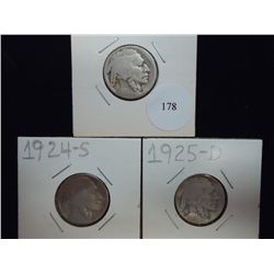 1921-S,24-S & 25-D BUFFALO NICKELS 21-S ACID