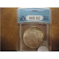 1922 PEACE SILVER DOLLAR ANACS MS62