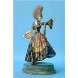K. Perl, a 1920's polychrome cold painted bronze and ivory figure of a Hellenistic dancing girl,...