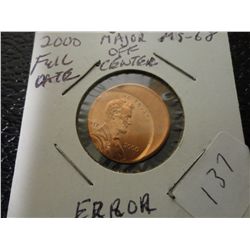 2000 LINCOLN CENT OFF CENTER FULL DATE MAJOR ERROR