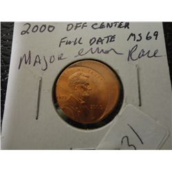 2000 LINCOLN CENT OFF CENTER FULL DATE MINOR ERROR