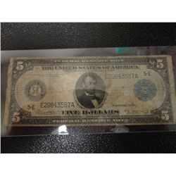 1914 FIVE DOLLAR BILL/Large in plastic