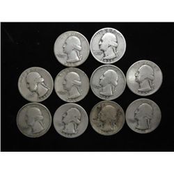 10 ASSORTED 1930'S WASHINGTON SILVER QUARTERS