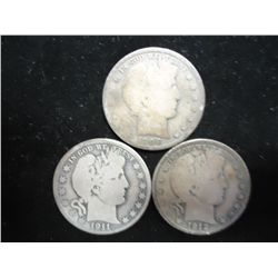 1908-O,11 & 12-D BARBER HALF DOLLARS