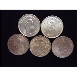 5 ASSORTED SWITZERLAND SILVER 2 FRANCS