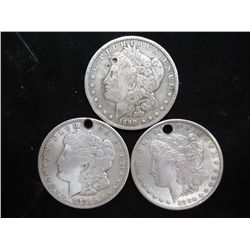 3 ASSORTED (HOLED) MORGAN SILVER DOLLARS