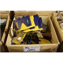 BOX OF ASSORTED IRWIN LEVELS AND MEASURING GEAR