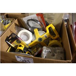 BOX OF ASSORTED TAPES, MEASURING TAPES AND TOOLS