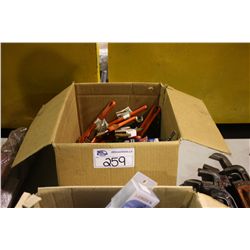 BOX OF ASSORTED PIPE WRENCHES AND DRILL BITS